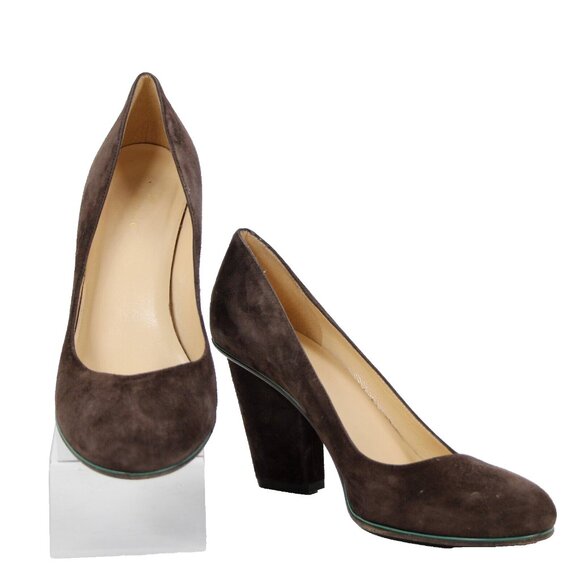 Kate Spade Sz 9 B Brown Green Trim Slip On Suede Upper Leather Inner 3" Heels - Picture 1 of 16